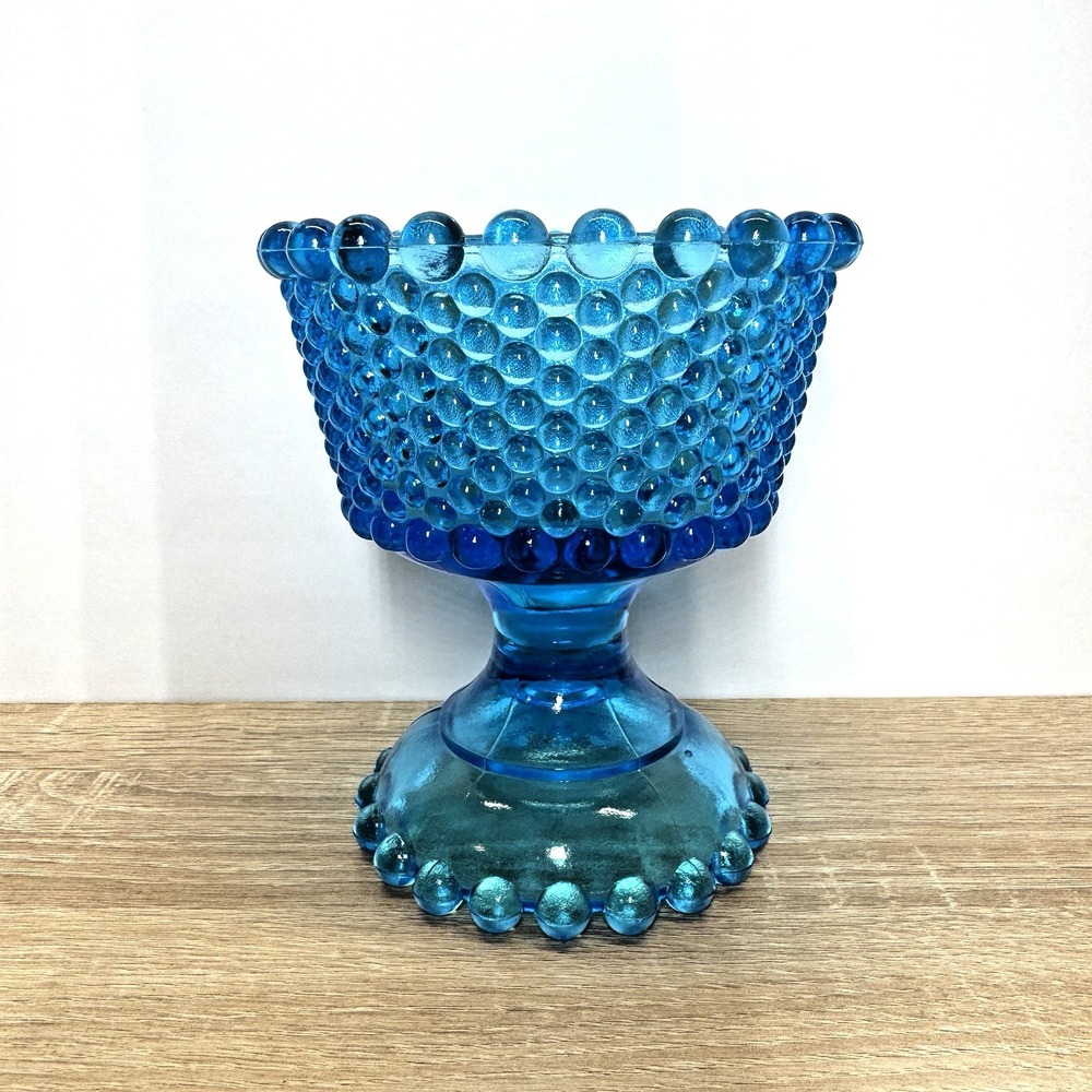 Vintage Turquoise Blue Hobnail Glass Pedestal Compote Footed Candy Dish